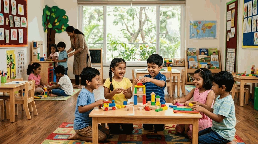Best Bangalore Kindergarten Programs in 2026 Children participating in play-based learning activities inside a colorful classroom as part of Bangalore kindergarten programs.