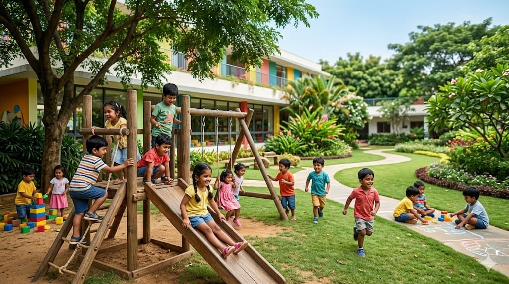 Best kindergarten schools in Bangalore: what to look for in 2026 Children playing and learning in a vibrant outdoor campus at the best kindergarten schools in Bangalore.