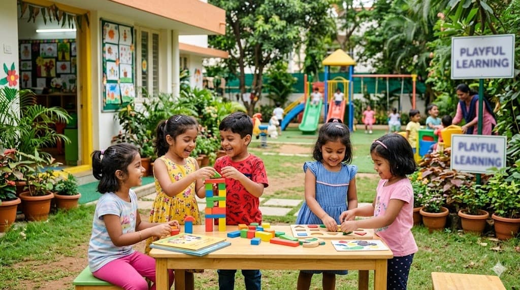 Best nursery school in Bangalore: 7 things to check before you decide Happy children learning and playing at the best nursery school in Bangalore.