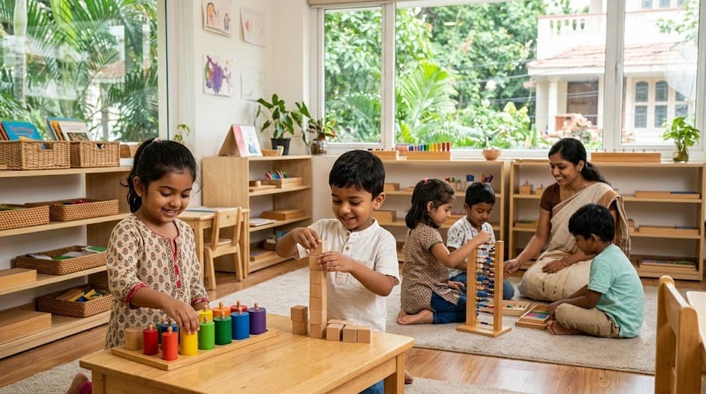 Best Montessori School Indiranagar 2026 | Best Guide Children engaged in hands-on learning activities with a teacher in a bright Montessori school in Indiranagar.