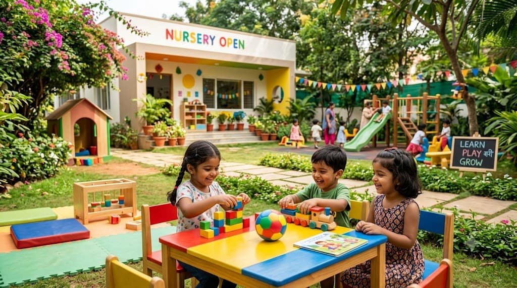 Nursery Admission in Bangalore 2026: Complete Guide Kids playing at a preschool campus for nursery admission in Bangalore.
