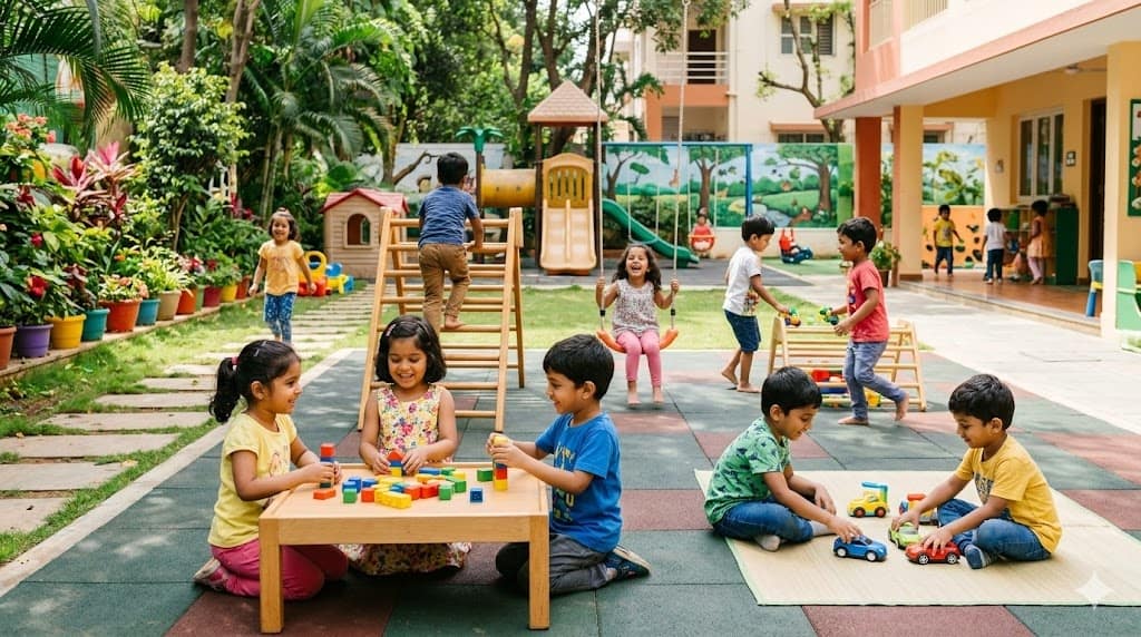 Best Nursery Schools in Bangalore 2026: Top Guide Children playing outdoors at a vibrant nursery school in Bangalore.