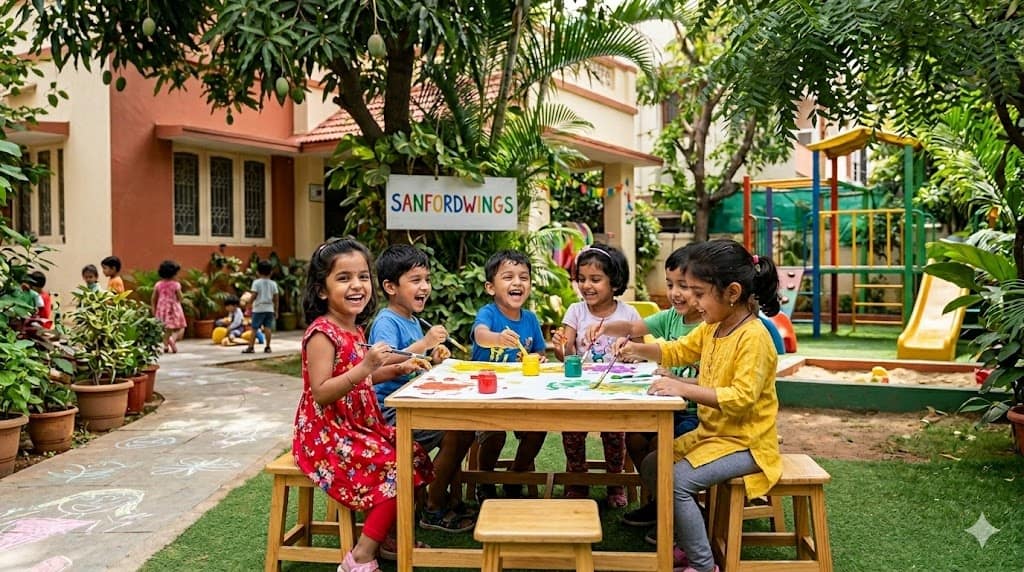 How to choose the right preschool in Indiranagar for your child 2026 Children enjoying creative activities at a preschool in Indiranagar outdoor learning space.