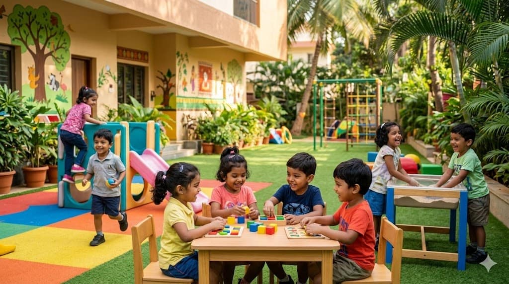 Preschools in Bangalore: the complete parent guide to early education in 2026 Children playing and learning in a colorful outdoor activity area at preschools in Bangalore.