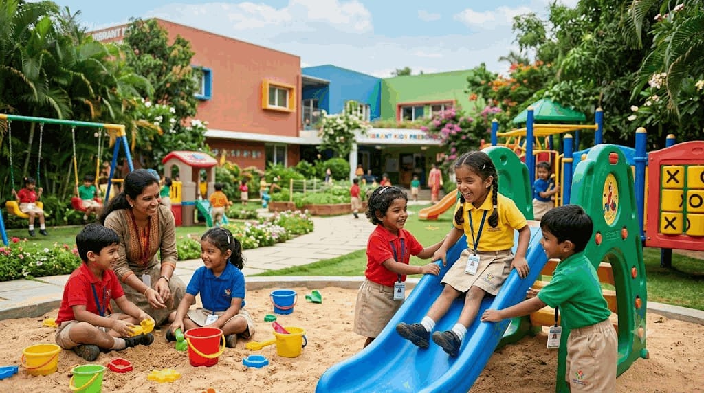 Top Preschool in Bangalore 2026 | Sanford Wings Guide Children playing with a teacher in a colorful outdoor learning area at a top preschool in Bangalore.