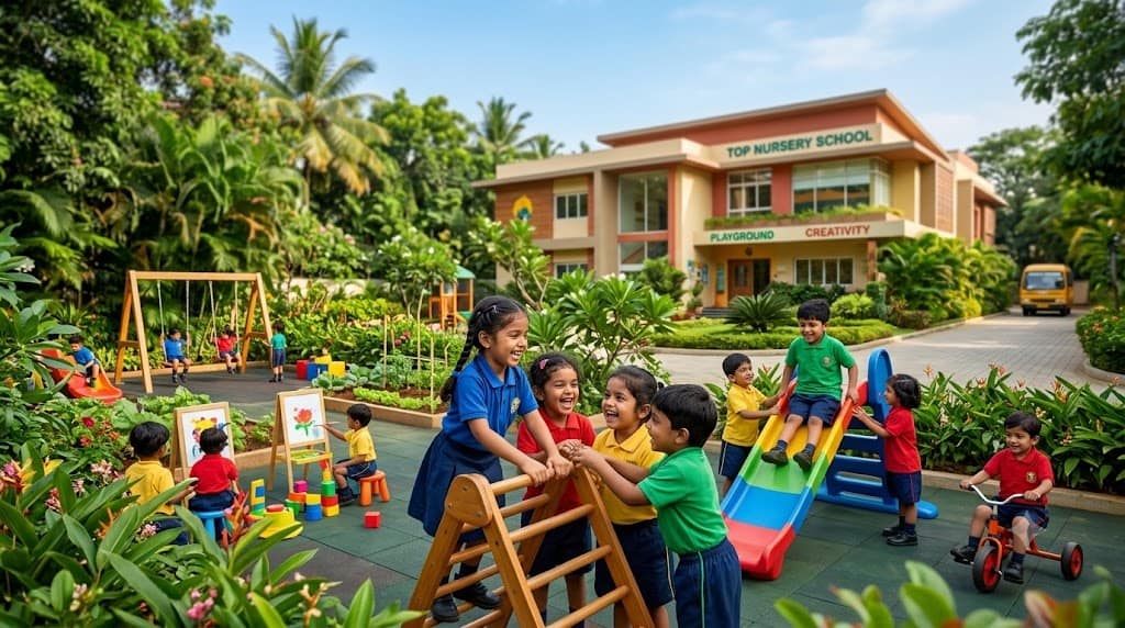 Top Nursery Schools in Bangalore 2026 Children playing at an outdoor preschool campus, showcasing top nursery schools in Bangalore.